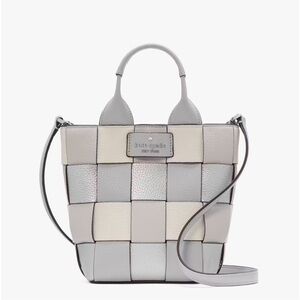 NWT Kate Spade Basket Woven Leather Metallic Mini Tote Crossbody Platinum Grey
